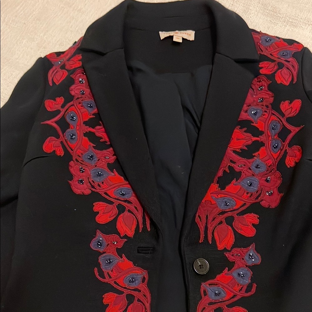 Tory Burch Dark Navy Blazer with Red & Purple Floral Appliqué